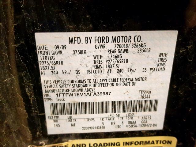 1FTFW1EV1AFA39987 - 2010 FORD F150 SUPER BLACK photo 10