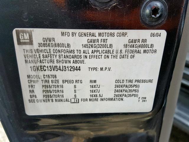 1GKEC13V54J312944 - 2004 GMC YUKON CHARCOAL photo 10