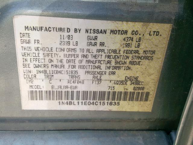 1N4BL11E04C151835 - 2004 NISSAN ALTIMA SE GREEN photo 10