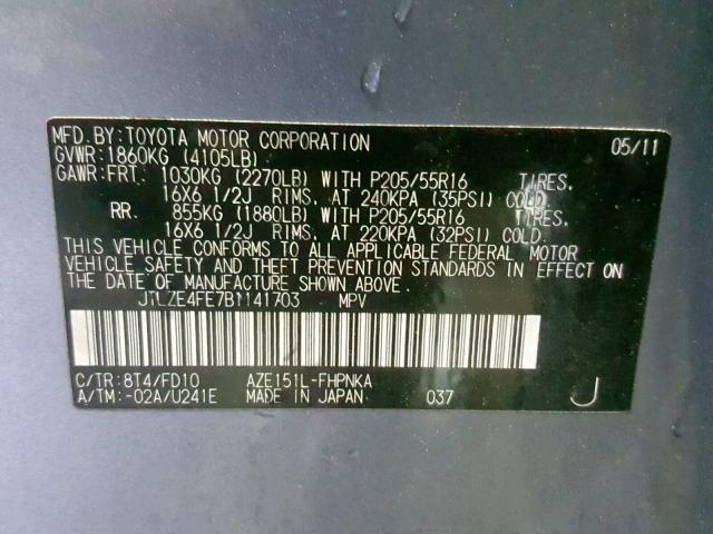 JTLZE4FE7B1141703 - 2011 TOYOTA SCION XB 蓝色 照片 10