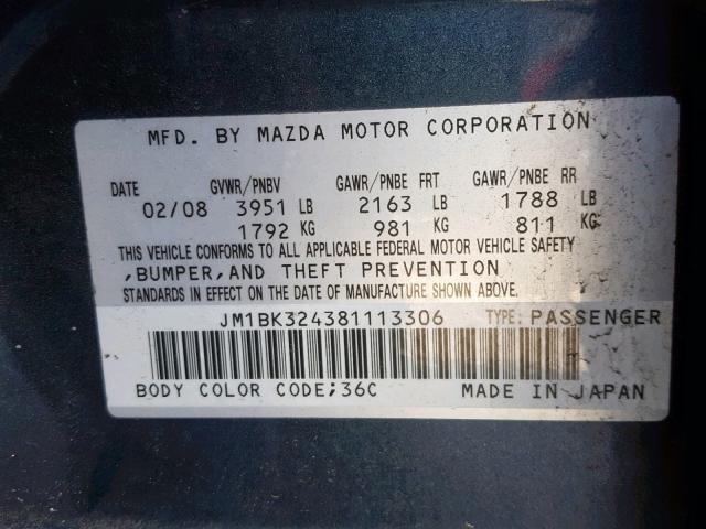 JM1BK324381113306 - 2008 MAZDA 3 S BLUE photo 10