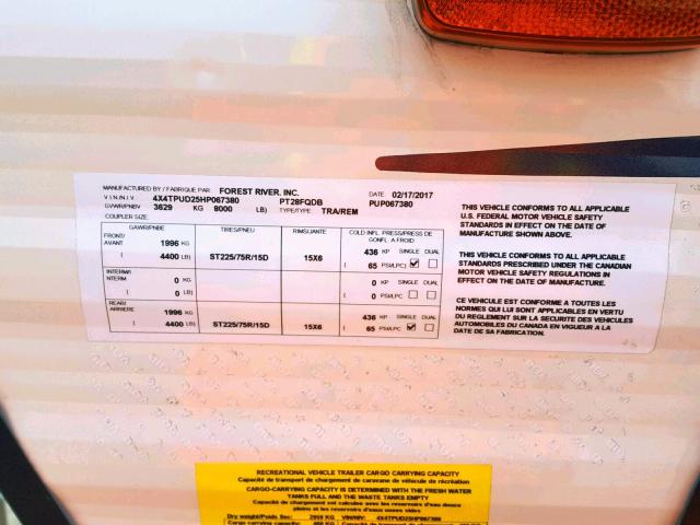 4X4TPUD25HP067380 - 2017 FORS CAMPER WHITE photo 10