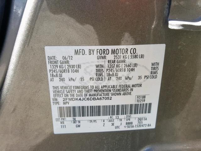 2FMDK4JC6DBA67052 - 2013 FORD EDGE SEL GRAY photo 10