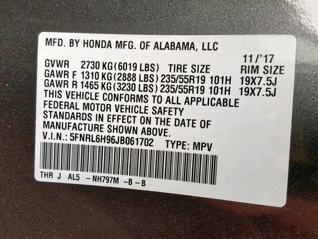 5FNRL6H96JB061702 - 2018 HONDA ODYSSEY EL GRAY photo 10