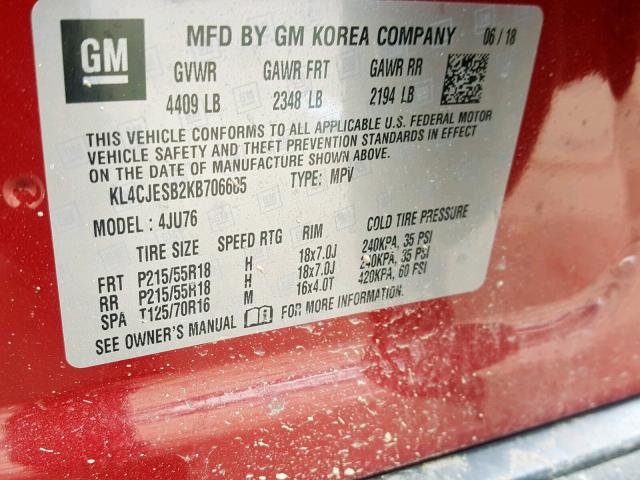 KL4CJESB2KB706605 - 2019 BUICK ENCORE PRE RED photo 10