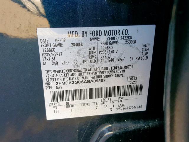 2FMDK3GC6ABA09567 - 2010 FORD EDGE SE BLUE photo 10