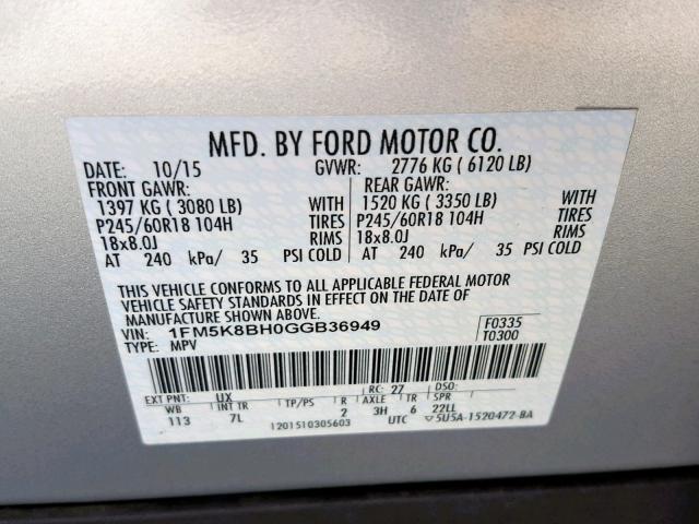 1FM5K8BH0GGB36949 - 2016 FORD EXPLORER SILVER photo 10