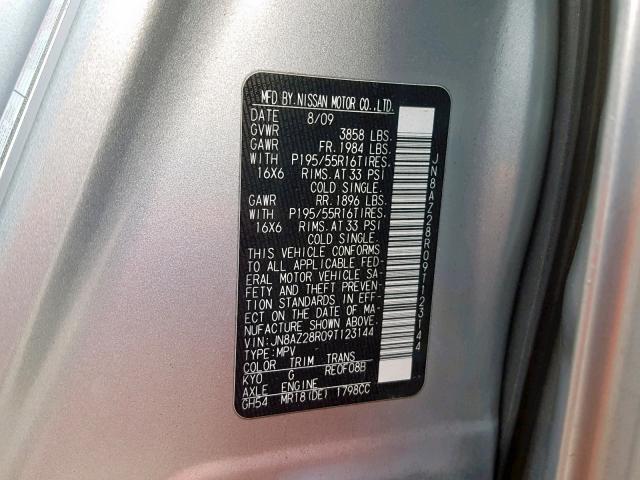 JN8AZ28R09T123144 - 2009 NISSAN CUBE BASE SILVER photo 10