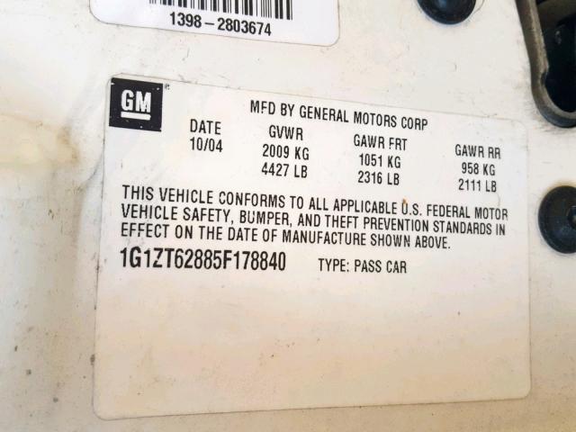 1G1ZT62885F178840 - 2005 CHEVROLET MALIBU MAX თეთრი ფოტო 10