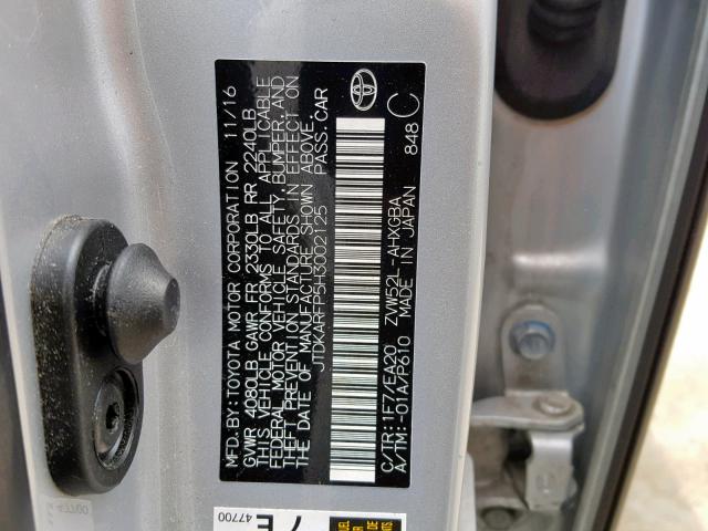JTDKARFP5H3002125 - 2017 TOYOTA PRIUS PRIM 银色 照片 10