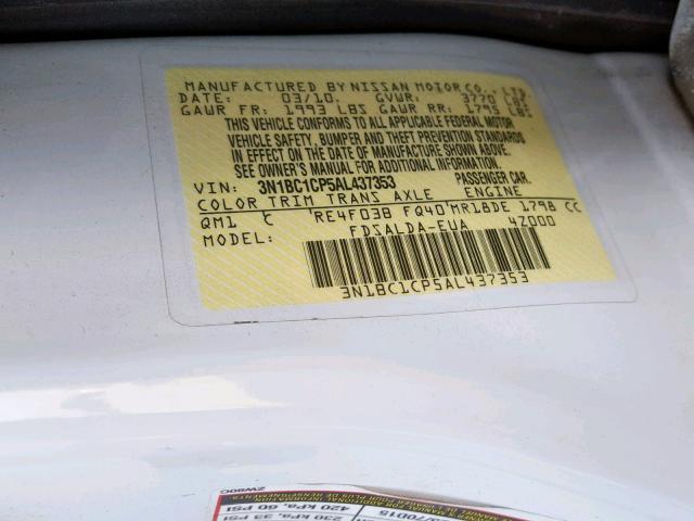 3N1BC1CP5AL437353 - 2010 NISSAN VERSA S WHITE photo 10