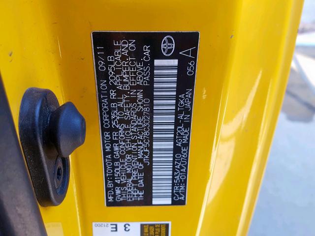 JTKJF5C78C3027810 - 2012 TOYOTA SCION TC ყვითელი ფოტო 10