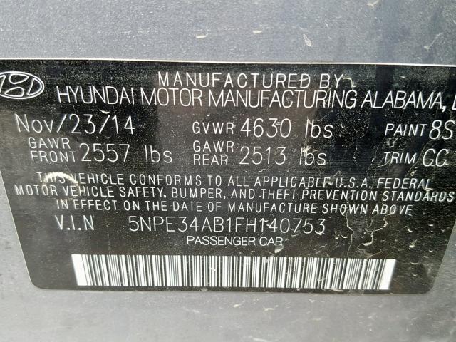 5NPE34AB1FH140753 - 2015 HYUNDAI SONATA SPO GRAY photo 10