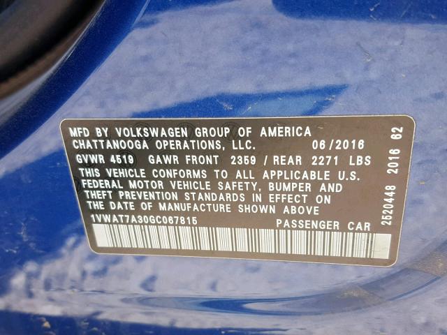 1VWAT7A30GC067815 - 2016 VOLKSWAGEN PASSAT BLUE photo 10