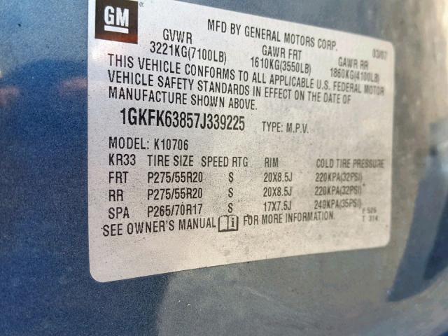 1GKFK63857J339225 - 2007 GMC YUKON DENA BLUE photo 10