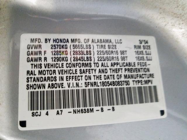 5FNRL18054B083750 - 2004 HONDA ODYSSEY EXL  photo 10