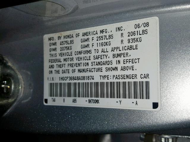 1HGCP36848A081874 - 2008 HONDA ACCORD EXL SILVER photo 10