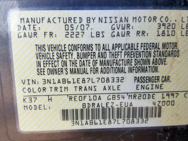 3N1AB61E87L708332 - 2007 NISSAN SENTRA 2.0 BROWN photo 10