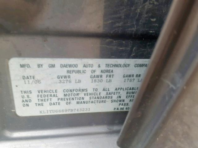 KL1TD66697B743231 - 2007 CHEVROLET AVEO BASE Сұр фото 10