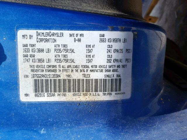 1B7GG2AN31S139304 - 2001 DODGE DAKOTA QUA BLUE photo 10