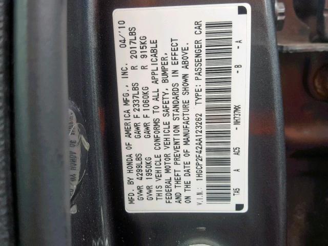 1HGCP2F42AA123262 - 2010 HONDA ACCORD LXP GRAY photo 10