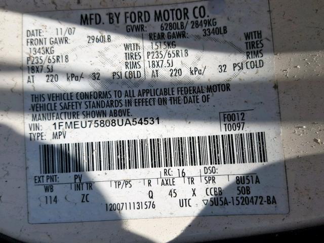 1FMEU75808UA54531 - 2008 FORD EXPLORER L WHITE photo 10