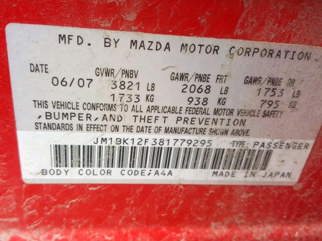 JM1BK12F381779295 - 2008 MAZDA 3 I RED photo 10