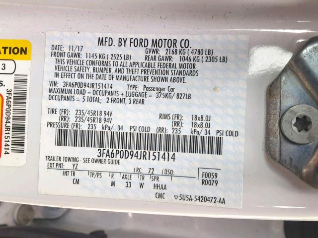 3FA6P0D94JR151414 - 2018 FORD FUSION TIT WHITE photo 10