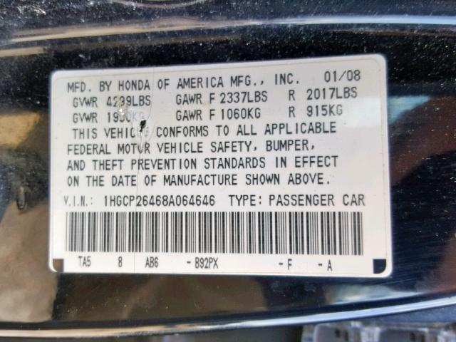 1HGCP26468A064646 - 2008 HONDA ACCORD LXP BLACK photo 10