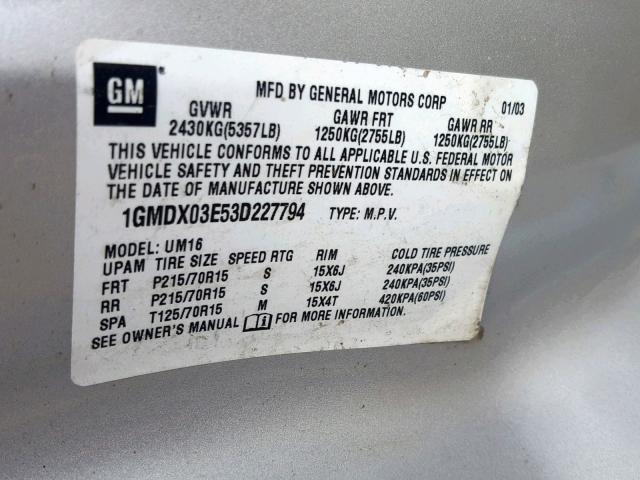 1GMDX03E53D227794 - 2003 PONTIAC MONTANA SILVER photo 10