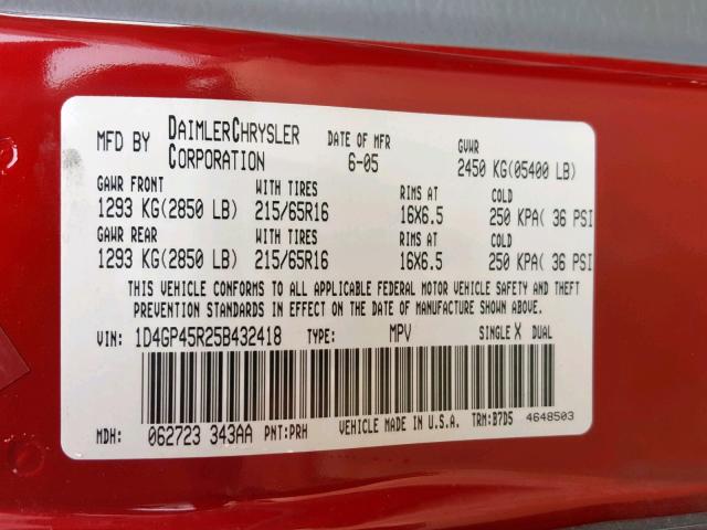 1D4GP45R25B432418 - 2005 DODGE CARAVAN SX RED photo 10