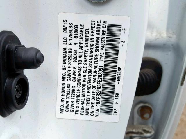 19XFB2F93FE282091 - 2015 HONDA CIVIC EXL 白色 照片 10