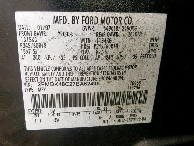 2FMDK48C27BA62408 - 2007 FORD EDGE SEL BLACK photo 10