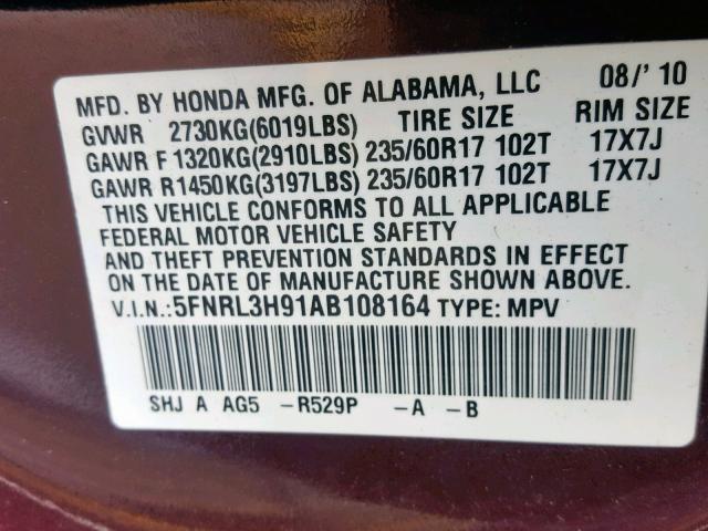 5FNRL3H91AB108164 - 2010 HONDA ODYSSEY TO MAROON photo 10