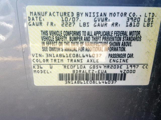 3N1AB61E08L646037 - 2008 NISSAN SENTRA 2.0 SILVER photo 10