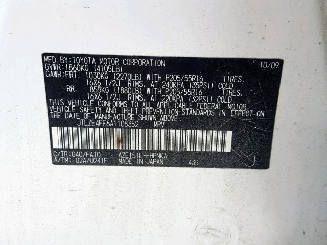 JTLZE4FE6A1108352 - 2010 TOYOTA SCION XB თეთრი ფოტო 10