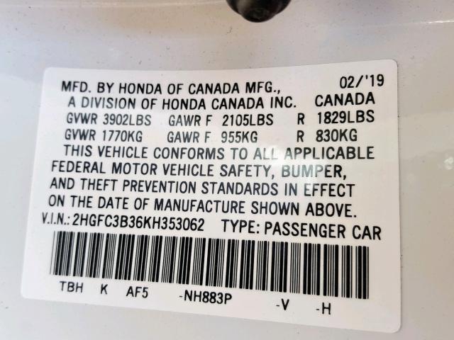 2HGFC3B36KH353062 - 2019 HONDA CIVIC EX WHITE photo 10