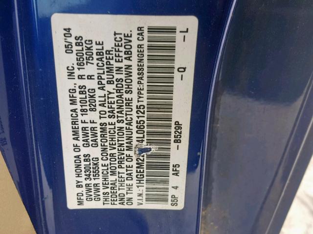 1HGEM22104L065125 - 2004 HONDA CIVIC DX V BLUE photo 10