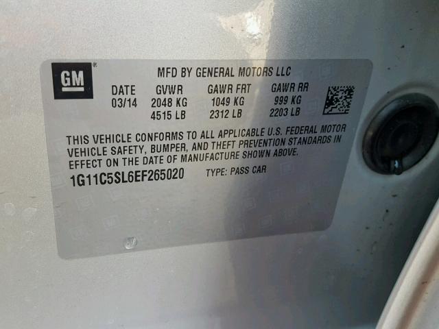 1G11C5SL6EF265020 - 2014 CHEVROLET MALIBU 1LT 银色 照片 10