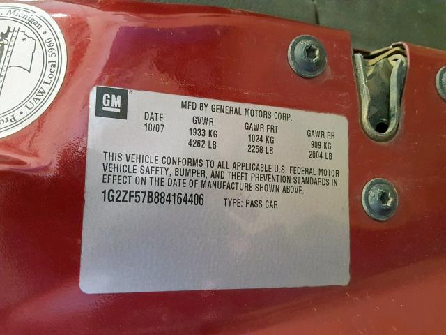 1G2ZF57B884164406 - 2008 PONTIAC G6 VALUE L MAROON photo 10