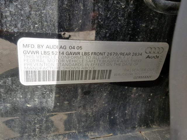 WAUDG74F95N117149 - 2005 AUDI A6 3.2 QUA BLACK photo 10