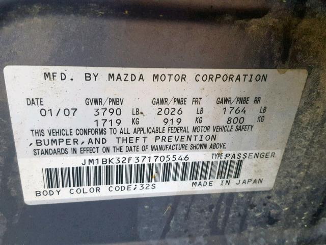 JM1BK32F371705546 - 2007 MAZDA 3 I GRAY photo 10