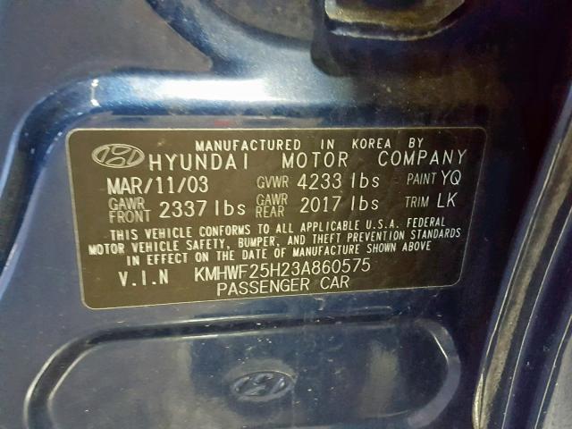 KMHWF25H23A860575 - 2003 HYUNDAI SONATA GL BLUE photo 10