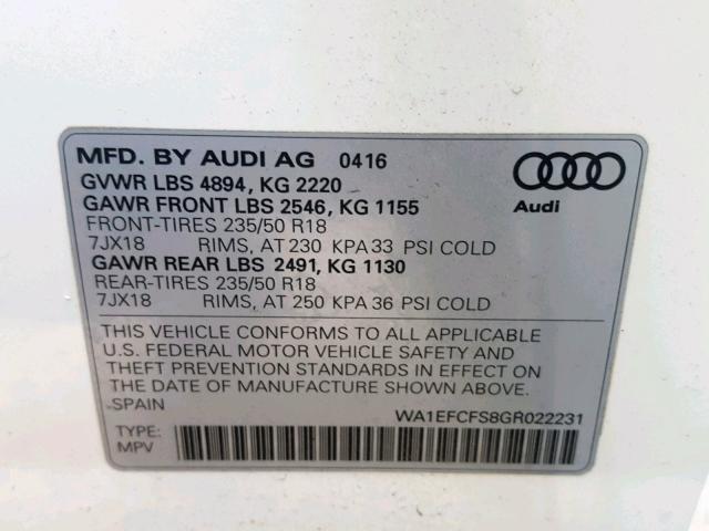 WA1EFCFS8GR022231 - 2016 AUDI Q3 PREMIUM WHITE photo 10