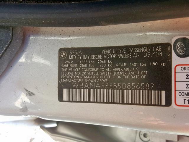 WBANA53585B856582 - 2005 BMW 525 I SILVER photo 10