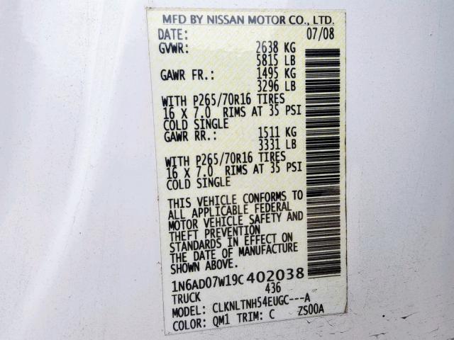 1N6AD07W19C402038 - 2009 NISSAN FRONTIER C WHITE photo 10