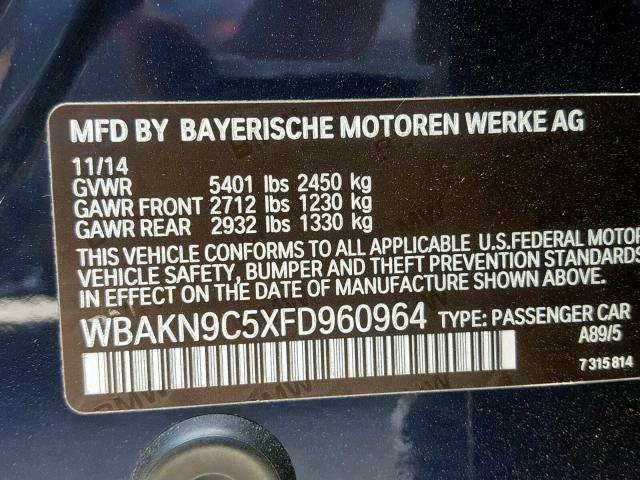 WBAKN9C5XFD960964 - 2015 BMW 550 I BLUE photo 10