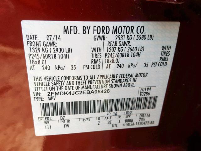 2FMDK4JC2EBA98428 - 2014 FORD EDGE SEL ORANGE photo 10