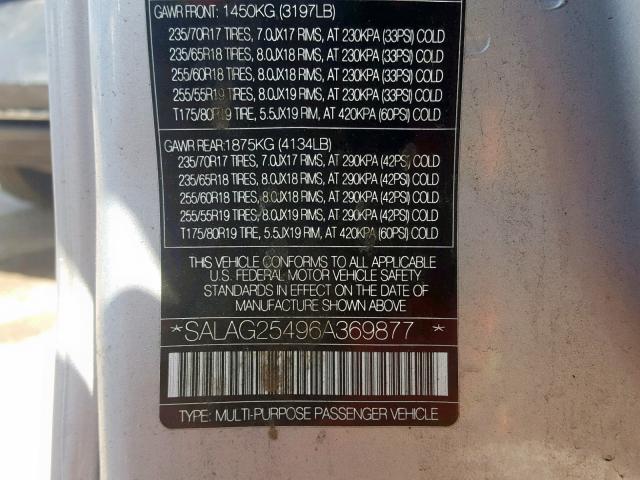 SALAG25496A369877 - 2006 LAND ROVER LR3 HSE SILVER photo 10