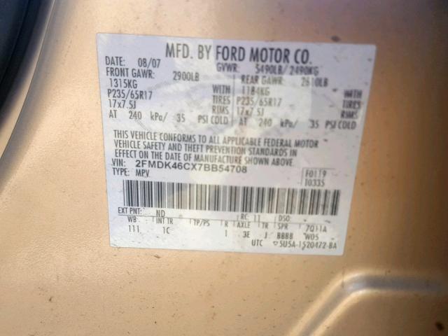 2FMDK46CX7BB54708 - 2007 FORD EDGE SE TAN photo 10